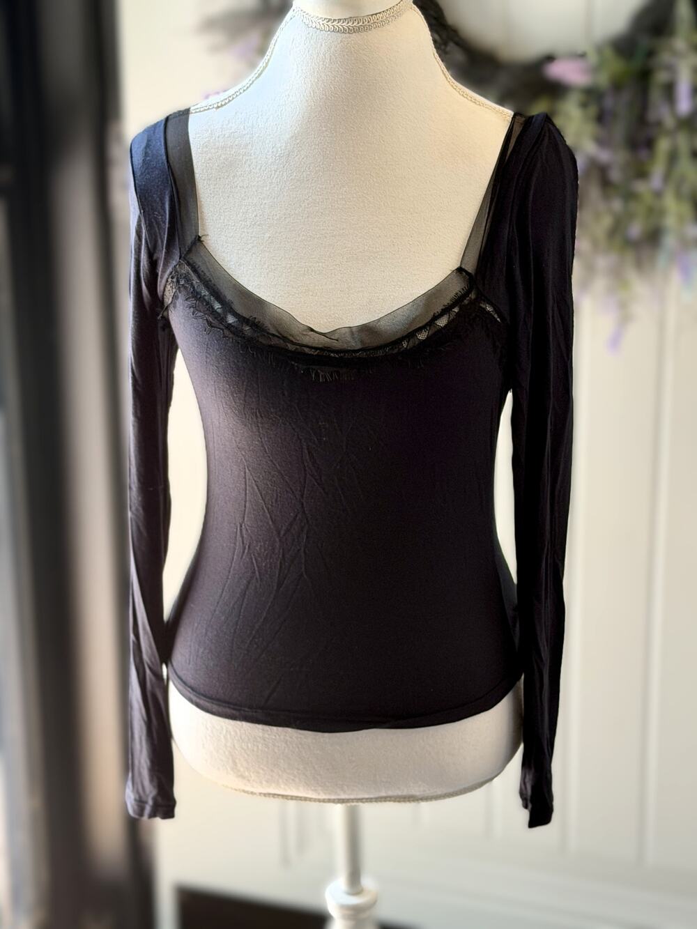 Intimately Free People Black Lace Mesh Trim Scoop Neck Long Sleeve Top Medium M